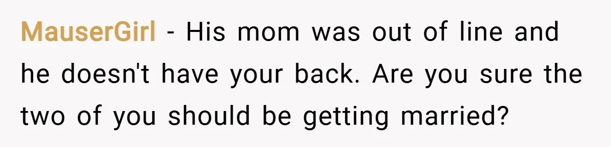 MauserGirl − His mom was out of line and he doesn't have your back. Are you sure the two of you should be getting married?