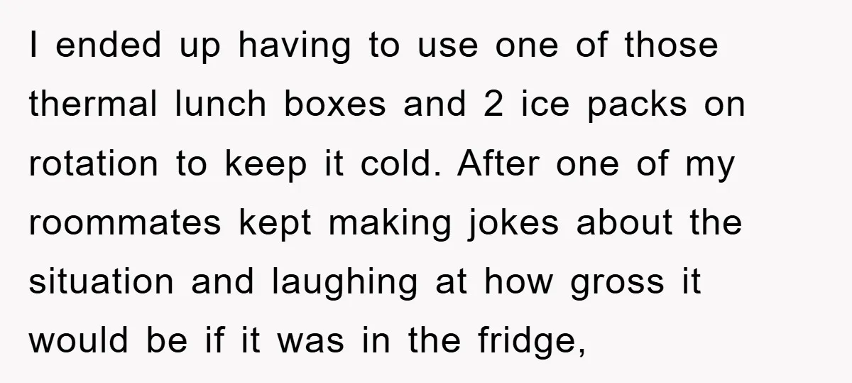 I ended up having to use one of those thermal lunch boxes and 2 ice packs on rotation to keep it cold. After one of my roommates kept making jokes...