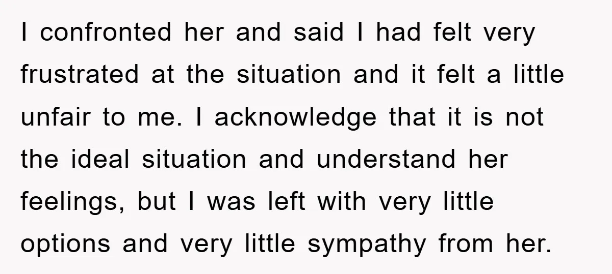 I confronted her and said I had felt very frustrated at the situation and it felt a little unfair to me. I acknowledge that it is not the ideal situation...