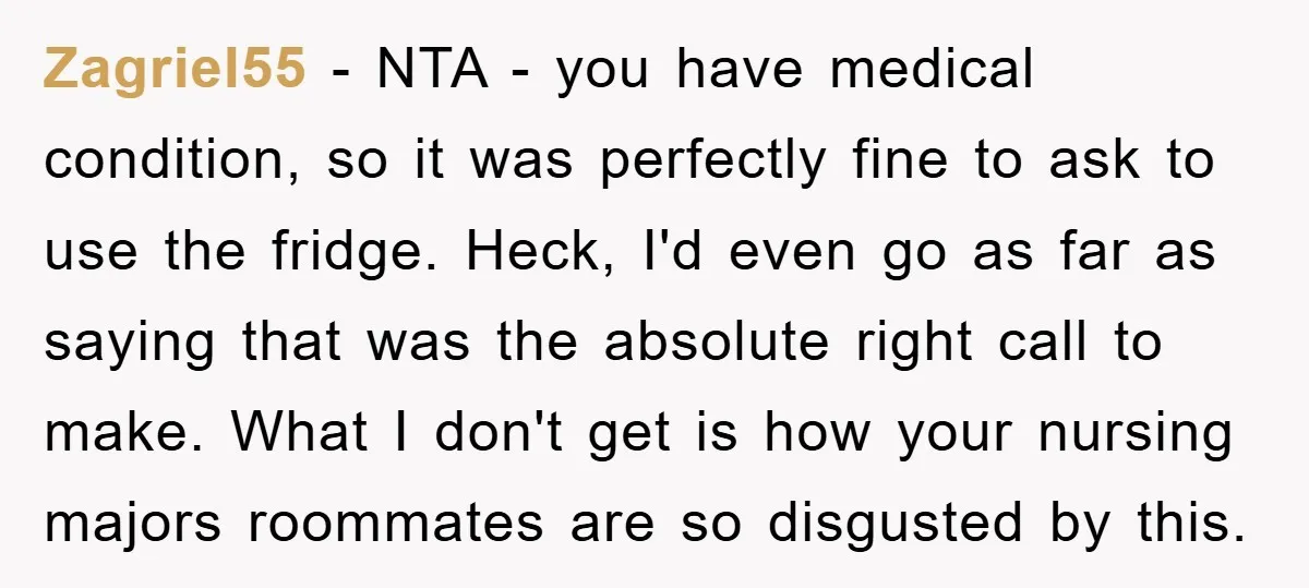 Zagriel55 − NTA - you have medical condition, so it was perfectly fine to ask to use the fridge. Heck, I'd even go as far as saying that was the...
