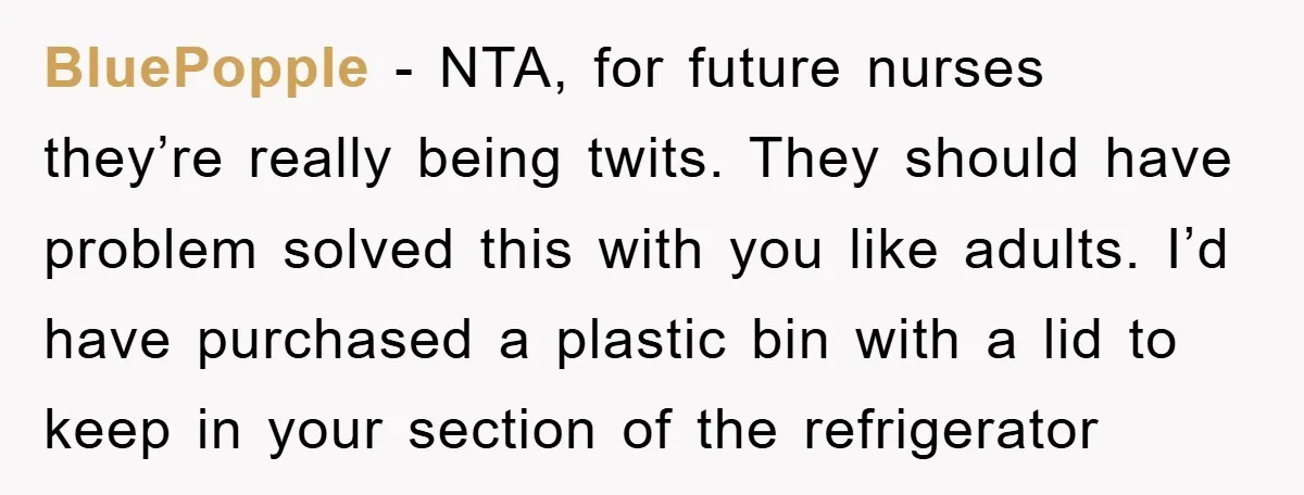 BluePopple − NTA, for future nurses they’re really being twits. They should have problem solved this with you like adults. I’d have purchased a plastic bin with a lid to...