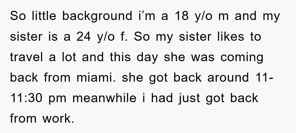 So little background i’m a 18 y/o m and my sister is a 24 y/o f. So my sister likes to travel a lot and this day she was coming...