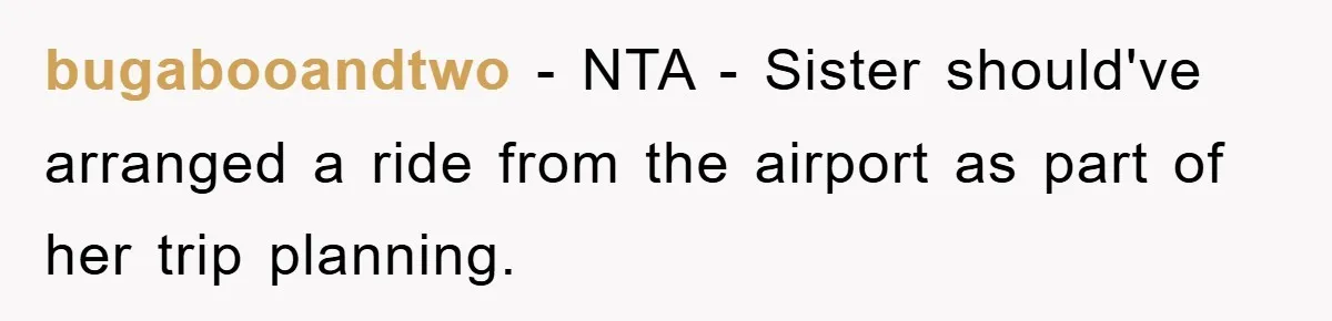 bugabooandtwo − NTA - Sister should've arranged a ride from the airport as part of her trip planning.