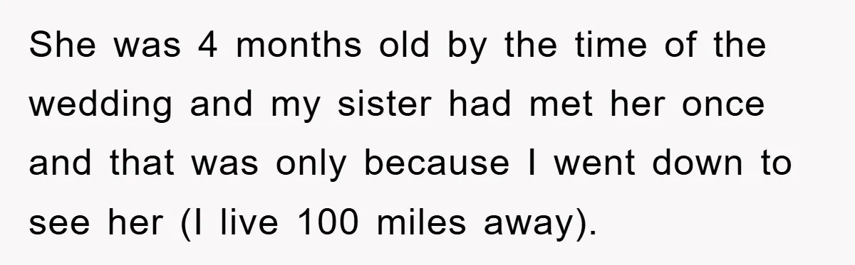 She was 4 months old by the time of the wedding and my sister had met her once and that was only because I went down to see her (I...