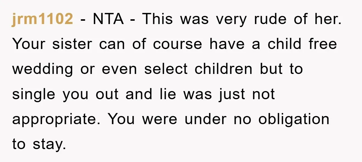 jrm1102 − NTA - This was very rude of her. Your sister can of course have a child free wedding or even select children but to single you out and...