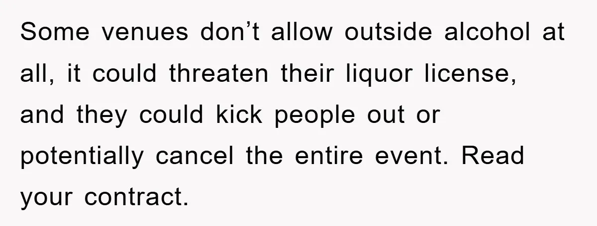 Some venues don’t allow outside alcohol at all, it could threaten their liquor license, and they could kick people out or potentially cancel the entire event. Read your contract.