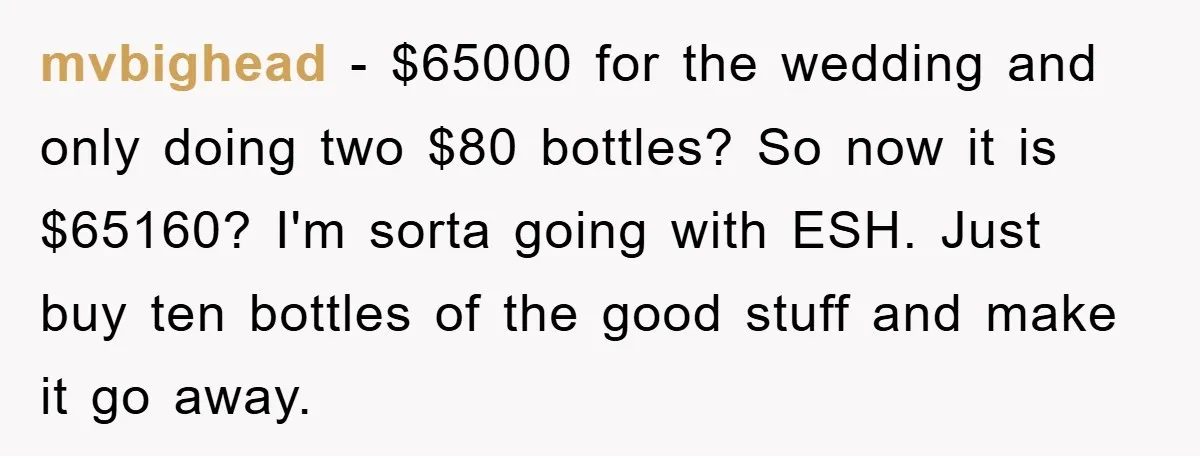 mvbighead − $65000 for the wedding and only doing two $80 bottles? So now it is $65160? I'm sorta going with ESH. Just buy ten bottles of the good stuff...