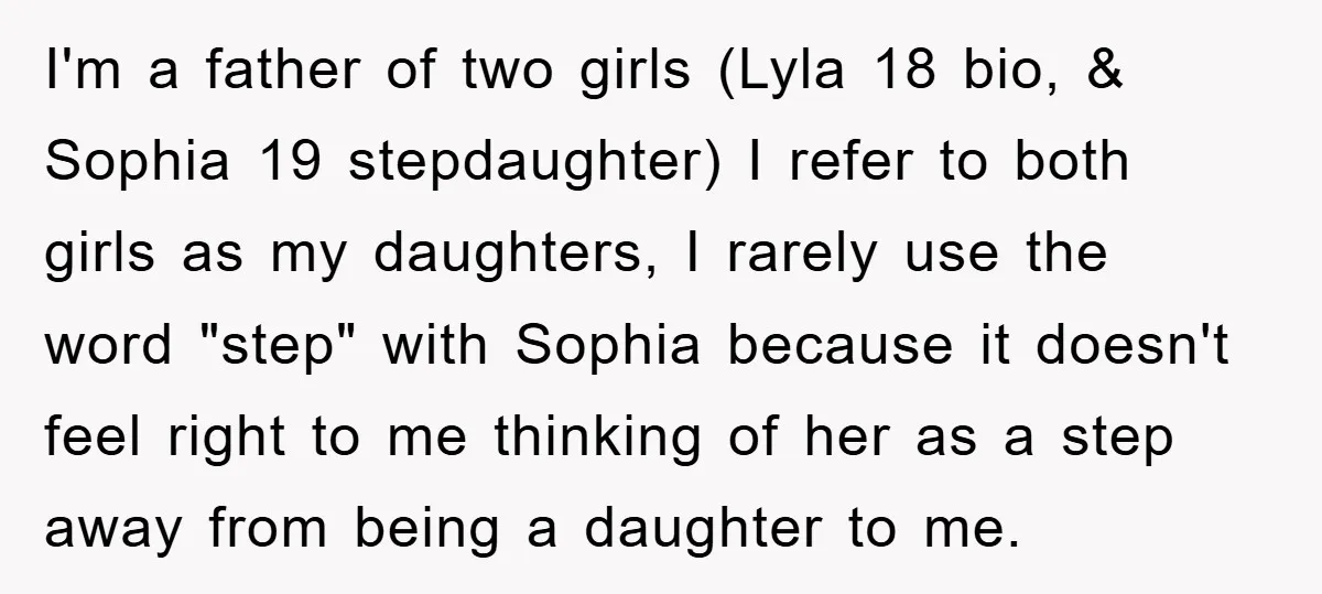 I'm a father of two girls (Lyla 18 bio, & Sophia 19 stepdaughter) I refer to both girls as my daughters, I rarely use the word "step" with Sophia because...