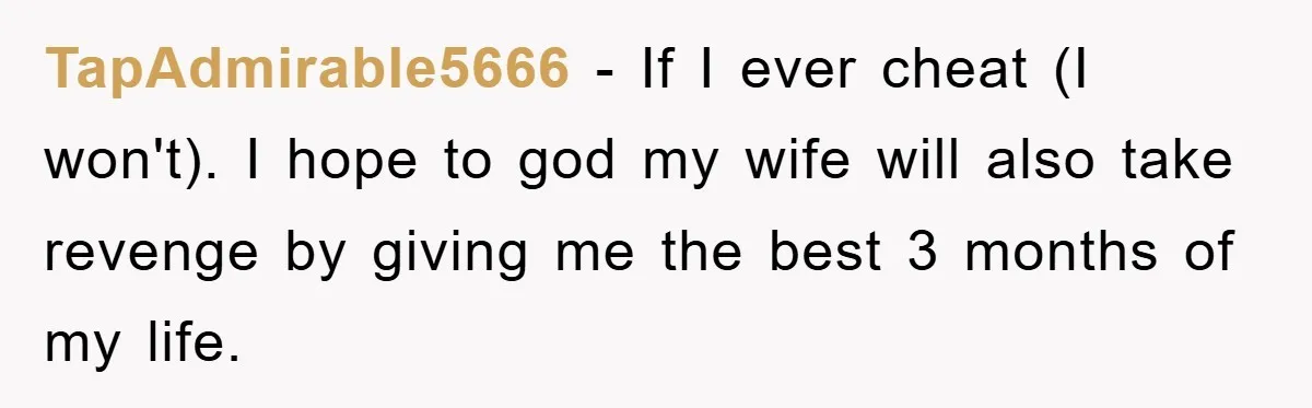 TapAdmirable5666 − If I ever cheat (I won't). I hope to god my wife will also take revenge by giving me the best 3 months of my life.
