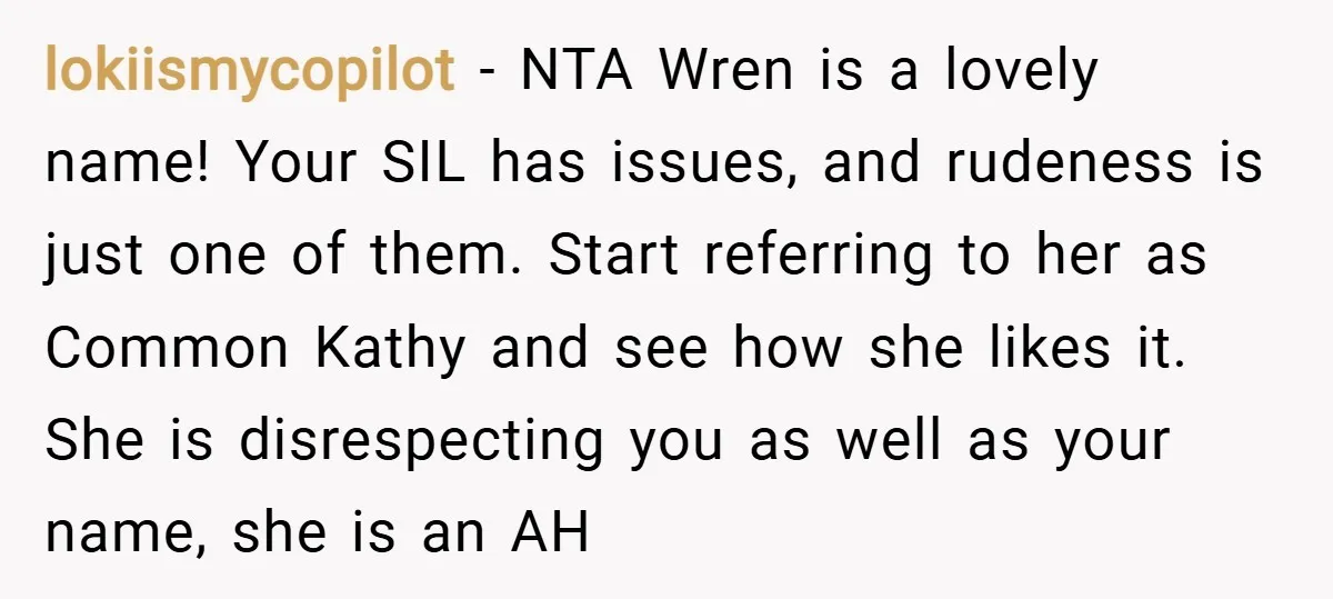 lokiismycopilot − NTA Wren is a lovely name! Your SIL has issues, and rudeness is just one of them. Start referring to her as Common Kathy and see how she...