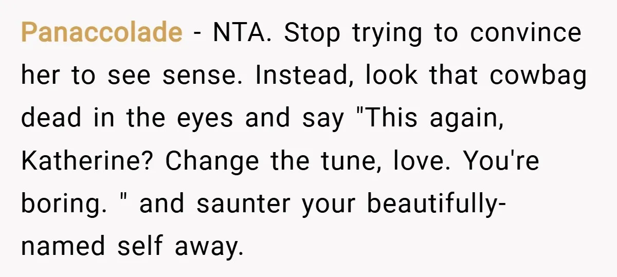 Panaccolade − NTA. Stop trying to convince her to see sense. Instead, look that cowbag dead in the eyes and say "This again, Katherine? Change the tune, love. You're boring....