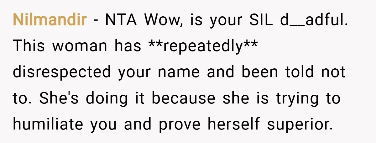 Nilmandir − NTA Wow, is your SIL d__adful. This woman has **repeatedly** disrespected your name and been told not to. She's doing it because she is trying to humiliate you...