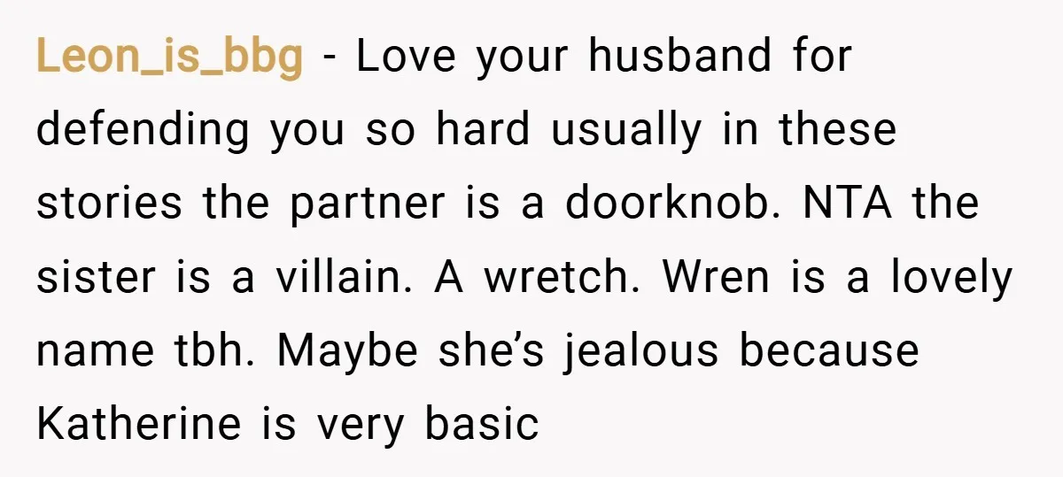 Leon_is_bbg − Love your husband for defending you so hard usually in these stories the partner is a doorknob. NTA the sister is a villain. A wretch. Wren is a...