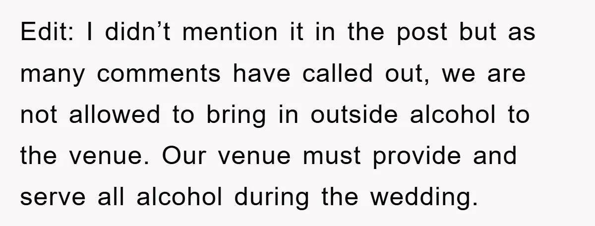 Edit: I didn’t mention it in the post but as many comments have called out, we are not allowed to bring in outside alcohol to the venue. Our venue must...