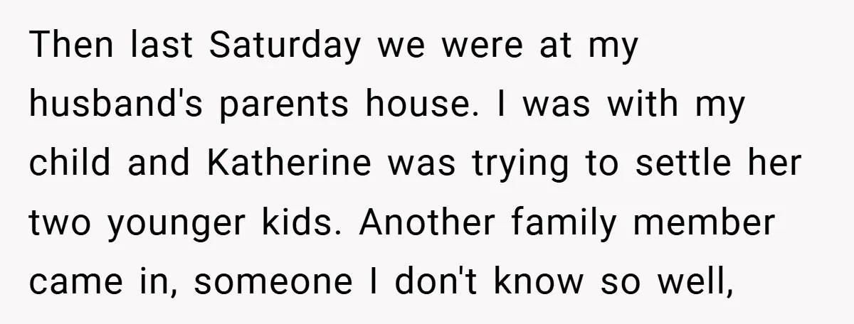 Then last Saturday we were at my husband's parents house. I was with my child and Katherine was trying to settle her two younger kids. Another family member came in,...