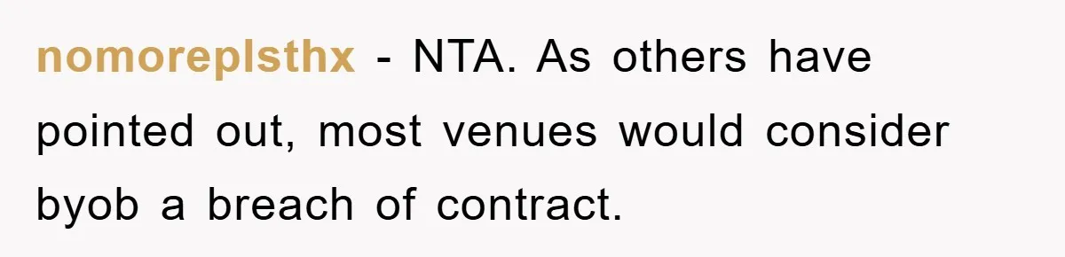 nomoreplsthx − NTA. As others have pointed out, most venues would consider byob a breach of contract.