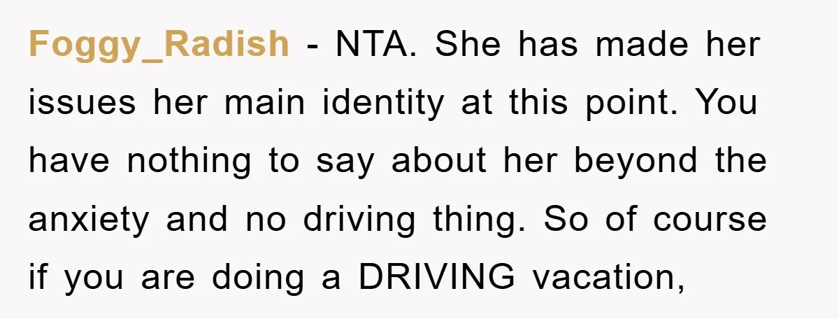 Foggy_Radish − NTA. She has made her issues her main identity at this point. You have nothing to say about her beyond the anxiety and no driving thing. So of...