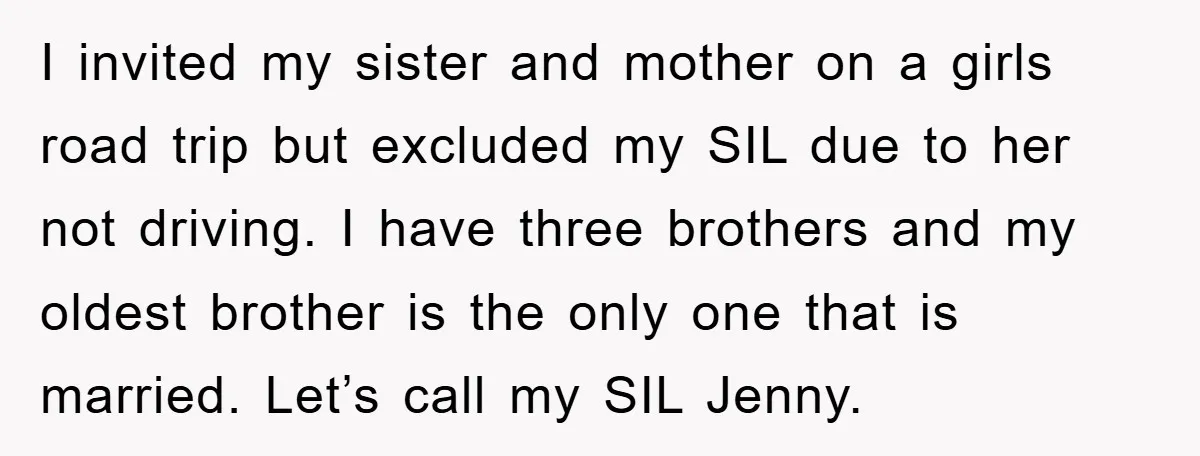 I invited my sister and mother on a girls road trip but excluded my SIL due to her not driving. I have three brothers and my oldest brother is the...