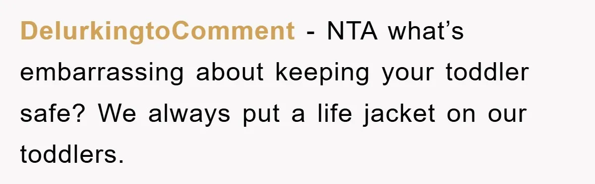 DelurkingtoComment − NTA what’s embarrassing about keeping your toddler safe? We always put a life jacket on our toddlers.