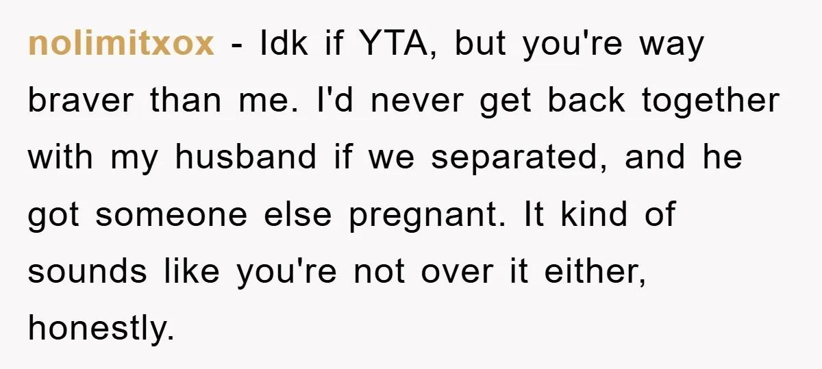 nolimitxox − Idk if YTA, but you're way braver than me. I'd never get back together with my husband if we separated, and he got someone else pregnant. It kind...