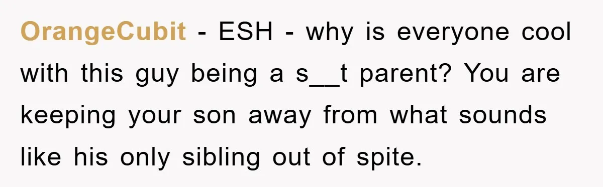 OrangeCubit − ESH - why is everyone cool with this guy being a s__t parent? You are keeping your son away from what sounds like his only sibling out of...