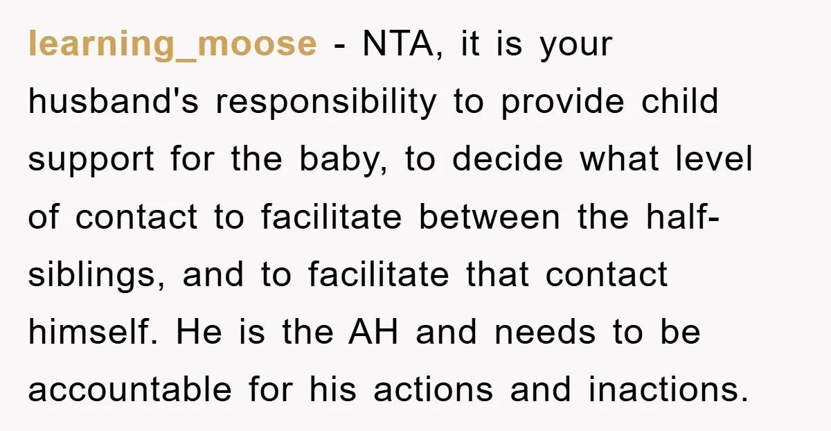 learning_moose − NTA, it is your husband's responsibility to provide child support for the baby, to decide what level of contact to facilitate between the half-siblings, and to facilitate that...