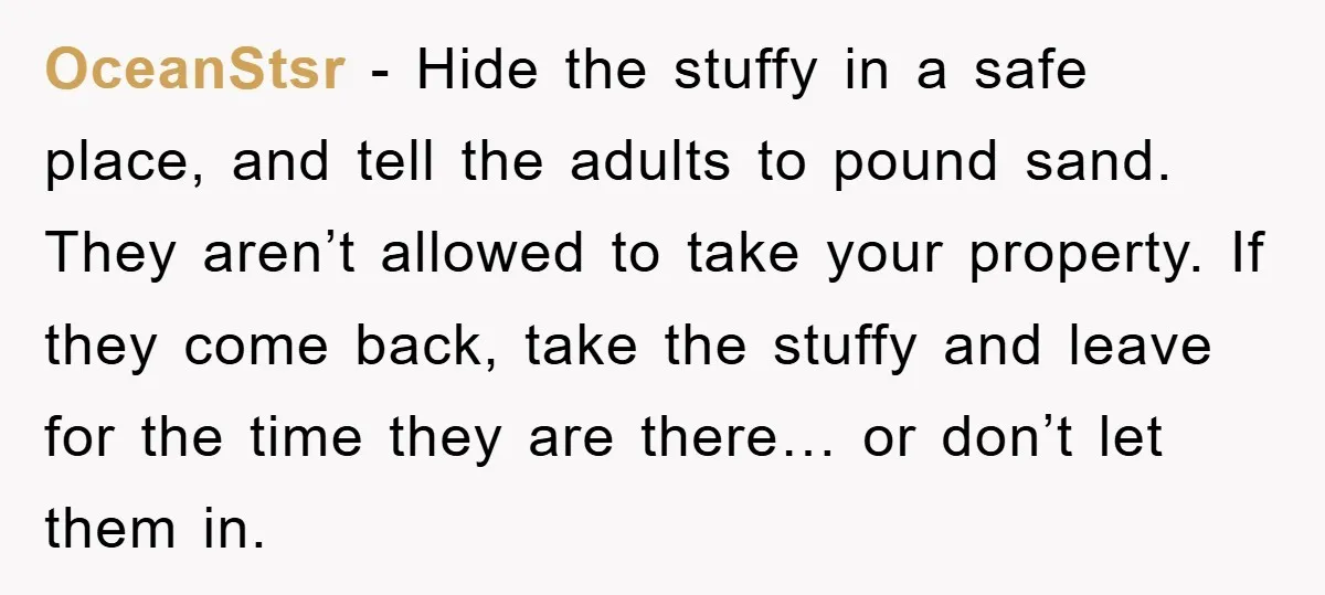 OceanStsr − Hide the stuffy in a safe place, and tell the adults to pound sand. They aren’t allowed to take your property. If they come back, take the stuffy...