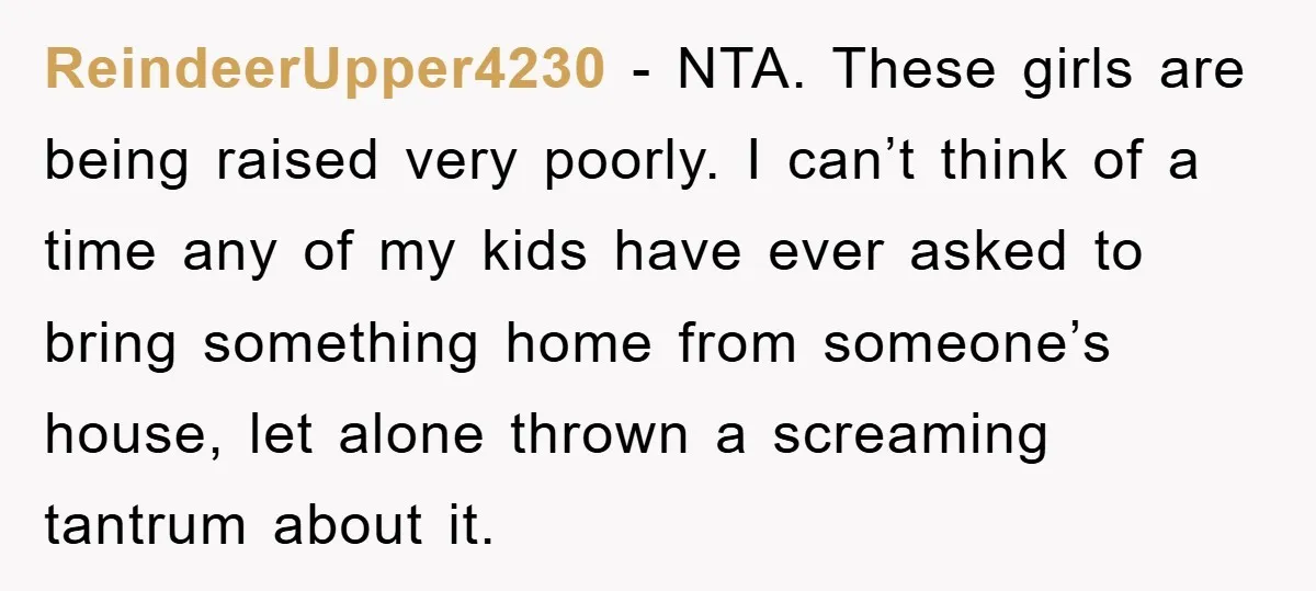 ReindeerUpper4230 − NTA. These girls are being raised very poorly. I can’t think of a time any of my kids have ever asked to bring something home from someone’s house,...