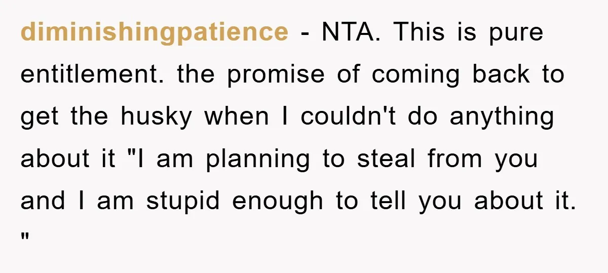 diminishingpatience − NTA. This is pure entitlement. the promise of coming back to get the husky when I couldn't do anything about it "I am planning to steal from you...