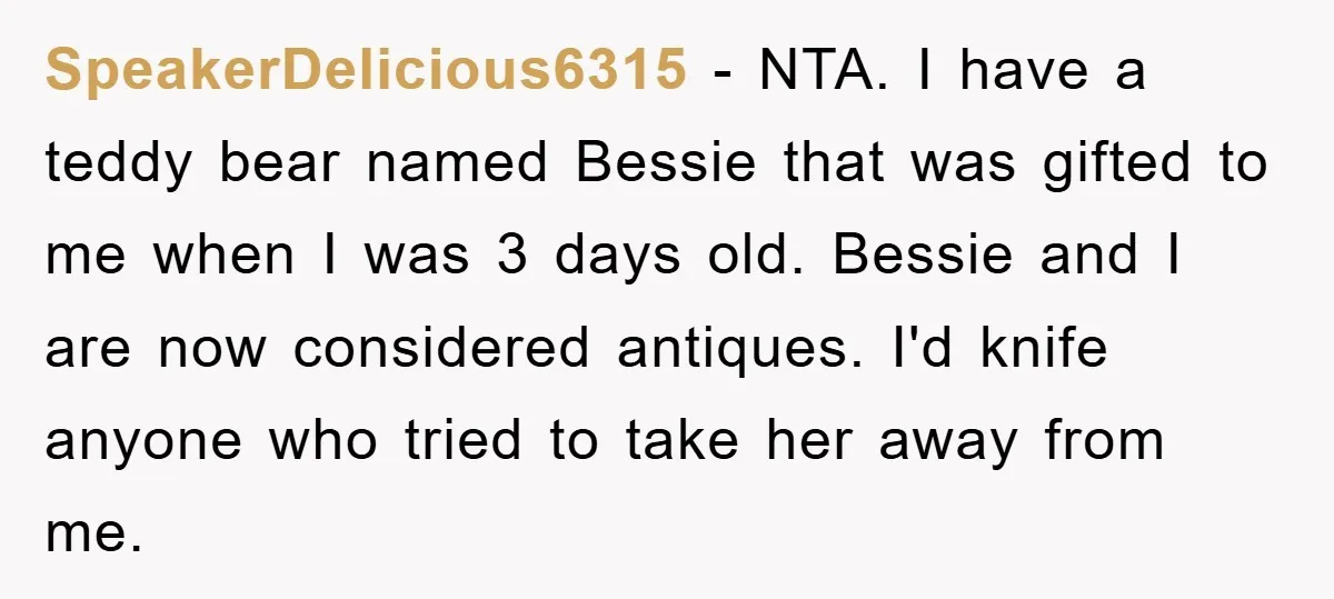 SpeakerDelicious6315 − NTA. I have a teddy bear named Bessie that was gifted to me when I was 3 days old. Bessie and I are now considered antiques. I'd knife...