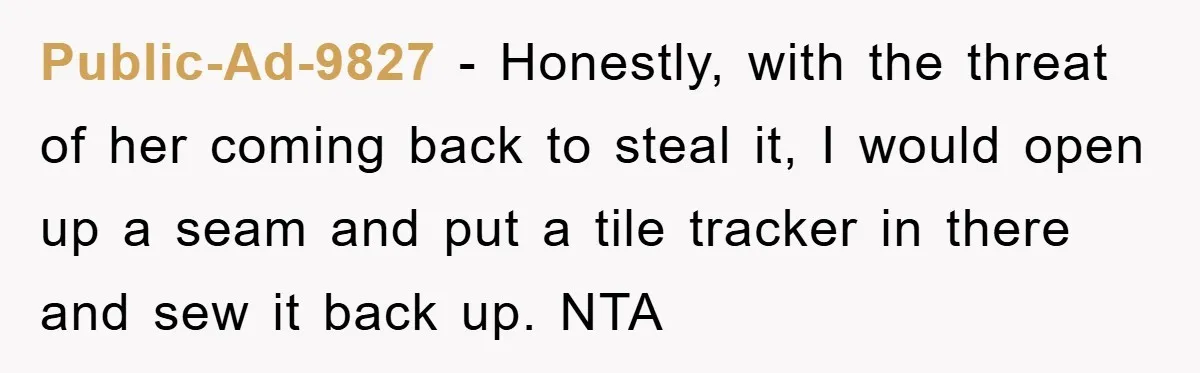 Public-Ad-9827 − Honestly, with the threat of her coming back to steal it, I would open up a seam and put a tile tracker in there and sew it back...