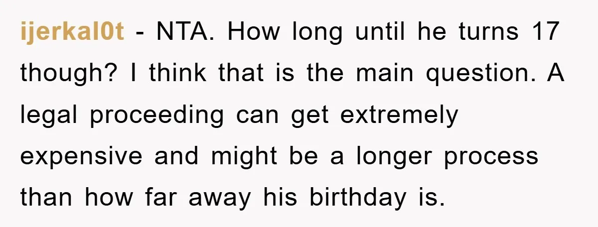 ijerkal0t − NTA. How long until he turns 17 though? I think that is the main question. A legal proceeding can get extremely expensive and might be a longer process...