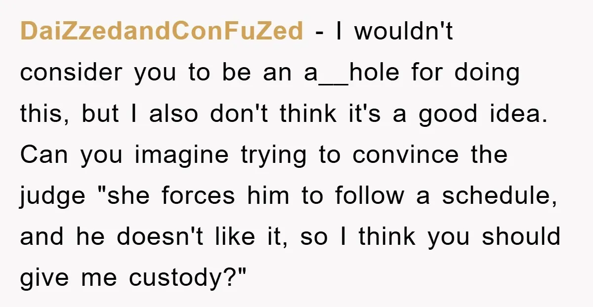 DaiZzedandConFuZed − I wouldn't consider you to be an a__hole for doing this, but I also don't think it's a good idea. Can you imagine trying to convince the judge...