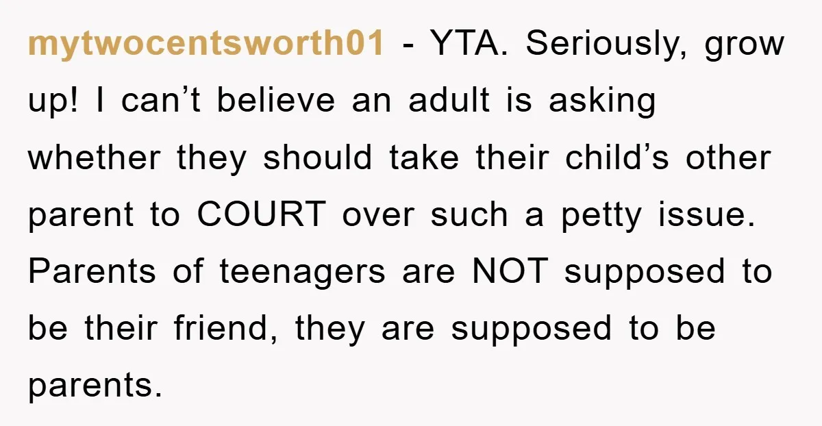 mytwocentsworth01 − YTA. Seriously, grow up! I can’t believe an adult is asking whether they should take their child’s other parent to COURT over such a petty issue. Parents of...
