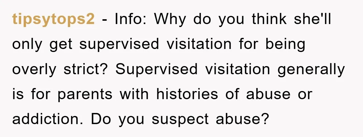 tipsytops2 − Info: Why do you think she'll only get supervised visitation for being overly strict? Supervised visitation generally is for parents with histories of abuse or addiction. Do you...