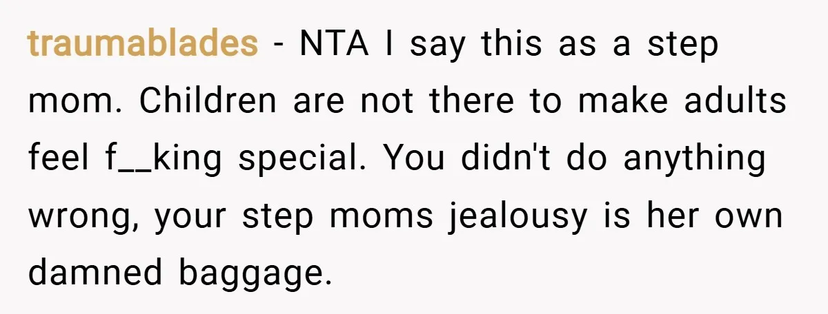 traumablades − NTA I say this as a step mom. Children are not there to make adults feel f__king special. You didn't do anything wrong, your step moms jealousy is...