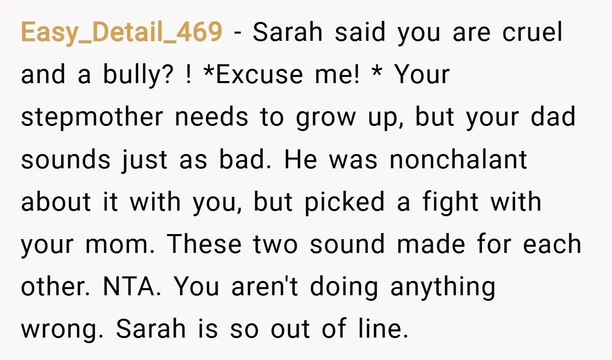 Easy_Detail_469 − Sarah said you are cruel and a bully? ! *Excuse me! * Your stepmother needs to grow up, but your dad sounds just as bad. He was nonchalant...