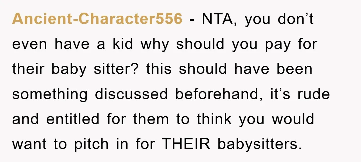 Ancient-Character556 − NTA, you don’t even have a kid why should you pay for their baby sitter? this should have been something discussed beforehand, it’s rude and entitled for them...