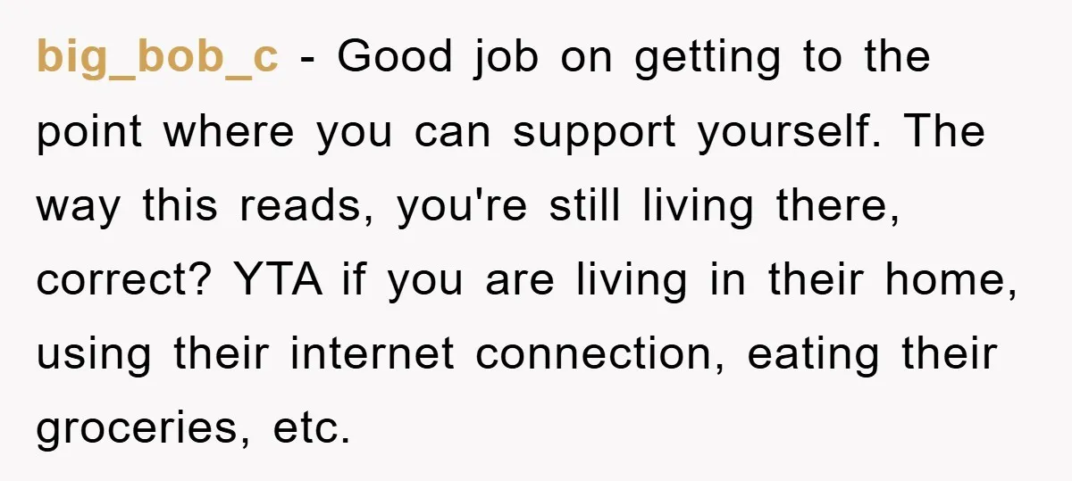 big_bob_c − Good job on getting to the point where you can support yourself. The way this reads, you're still living there, correct? YTA if you are living in their...