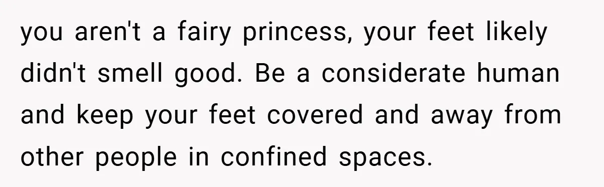 you aren't a fairy princess, your feet likely didn't smell good. Be a considerate human and keep your feet covered and away from other people in confined spaces.