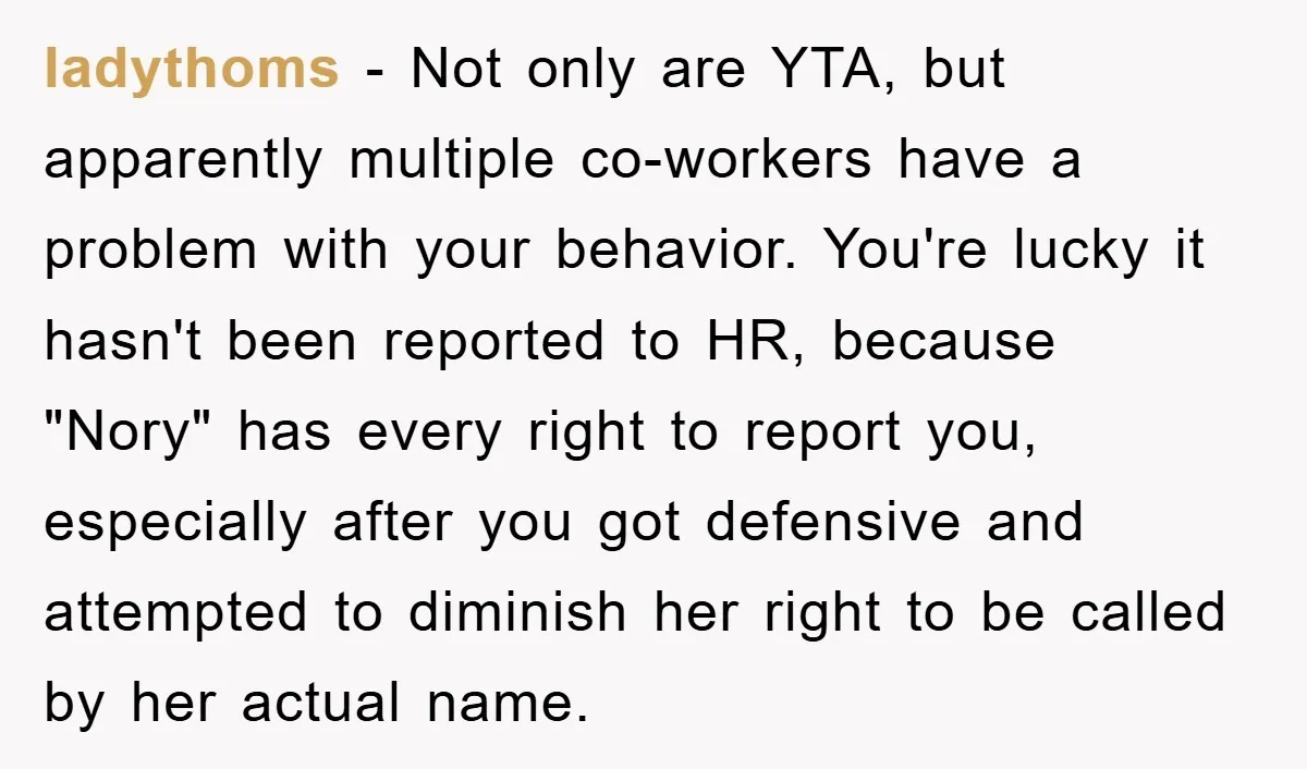 ladythoms − Not only are YTA, but apparently multiple co-workers have a problem with your behavior. You're lucky it hasn't been reported to HR, because "Nory" has every right to...