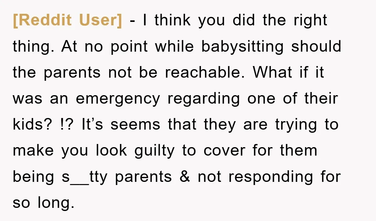 [Reddit User] − I think you did the right thing. At no point while babysitting should the parents not be reachable. What if it was an emergency regarding one of...