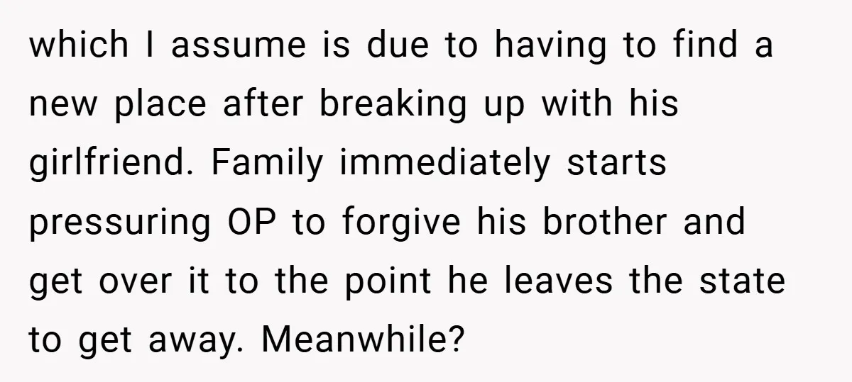 which I assume is due to having to find a new place after breaking up with his girlfriend. Family immediately starts pressuring OP to forgive his brother and get over...