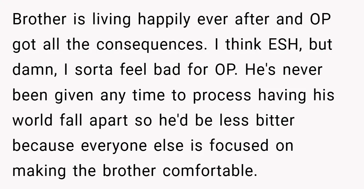 Brother is living happily ever after and OP got all the consequences. I think ESH, but damn, I sorta feel bad for OP. He's never been given any time to...