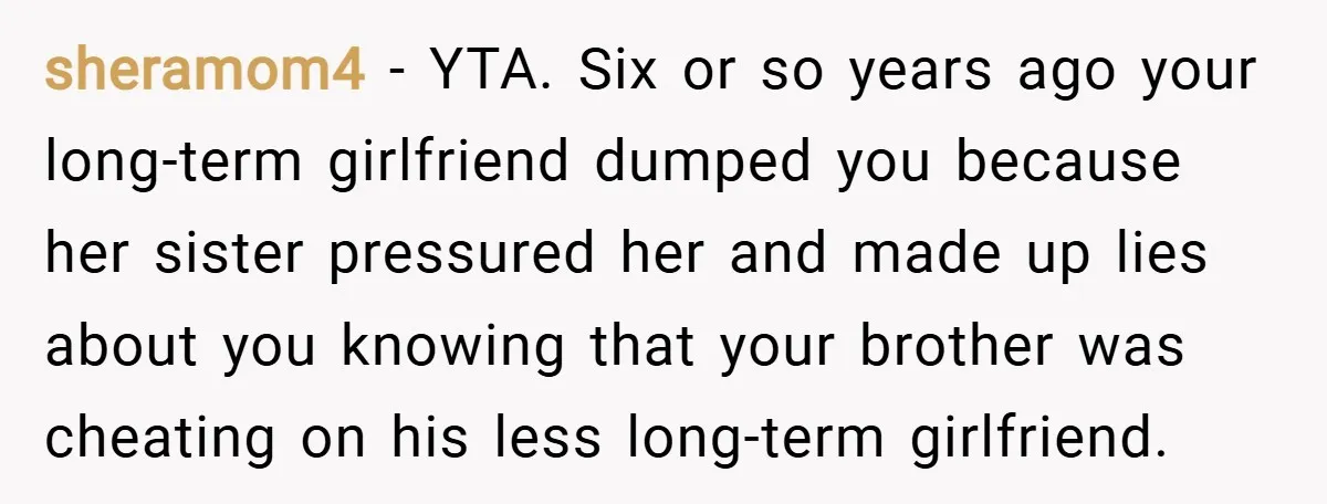 sheramom4 − YTA. Six or so years ago your long-term girlfriend dumped you because her sister pressured her and made up lies about you knowing that your brother was cheating...
