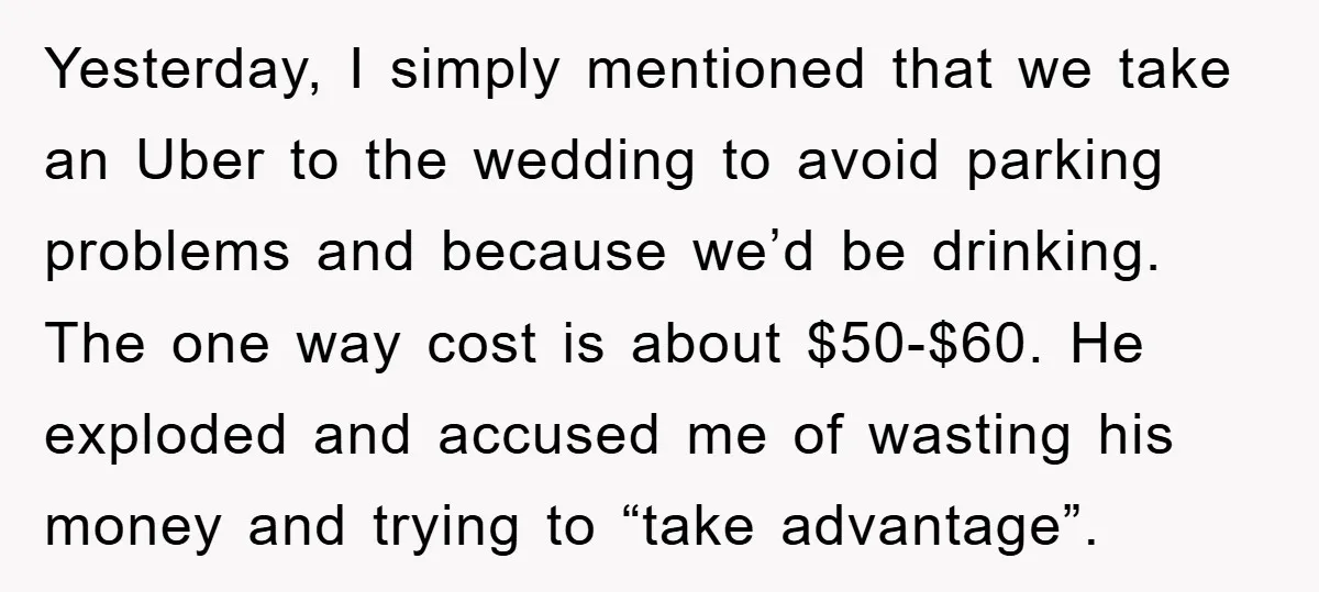 Yesterday, I simply mentioned that we take an Uber to the wedding to avoid parking problems and because we’d be drinking. The one way cost is about $50-$60. He exploded...