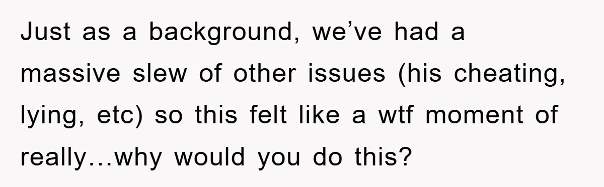 Just as a background, we’ve had a massive slew of other issues (his cheating, lying, etc) so this felt like a wtf moment of really…why would you do this?
