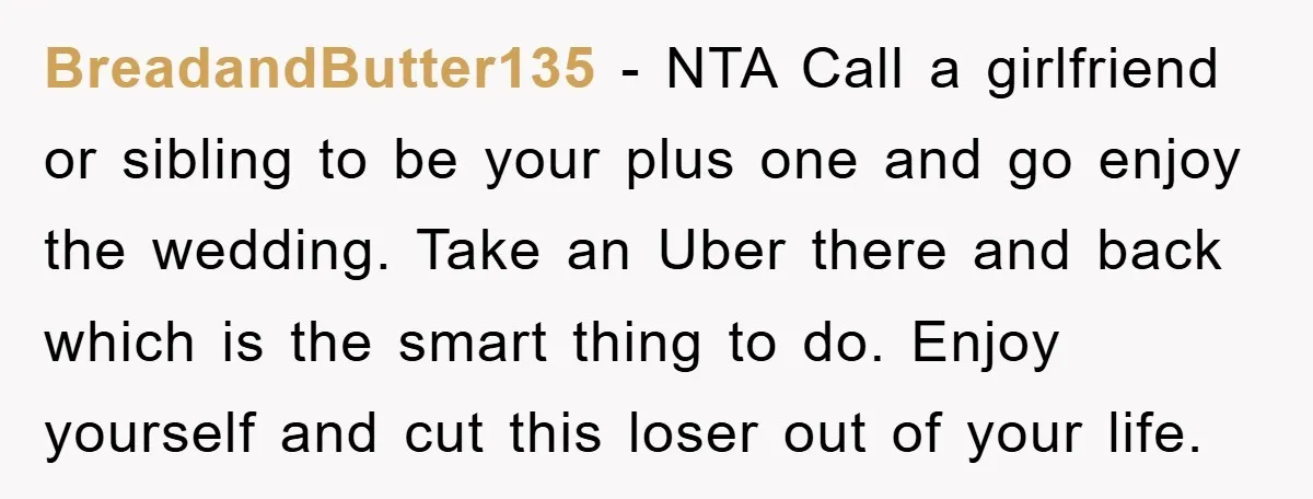 BreadandButter135 − NTA Call a girlfriend or sibling to be your plus one and go enjoy the wedding. Take an Uber there and back which is the smart thing to...