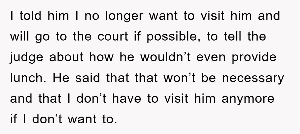 I told him I no longer want to visit him and will go to the court if possible, to tell the judge about how he wouldn’t even provide lunch. He...