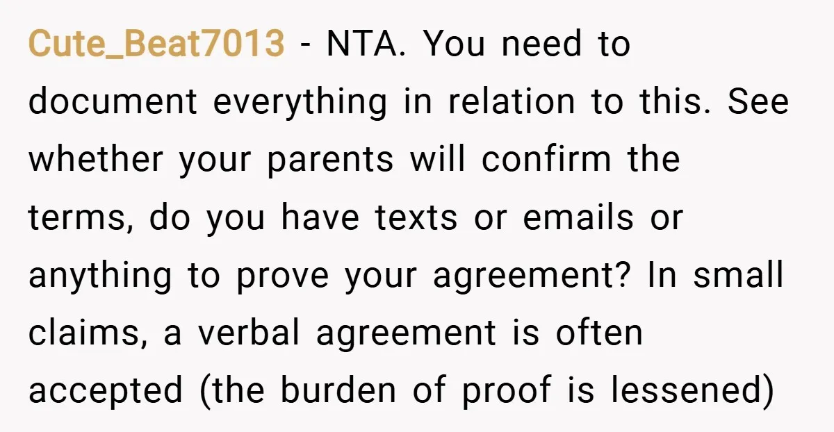 Cute_Beat7013 − NTA. You need to document everything in relation to this. See whether your parents will confirm the terms, do you have texts or emails or anything to prove...
